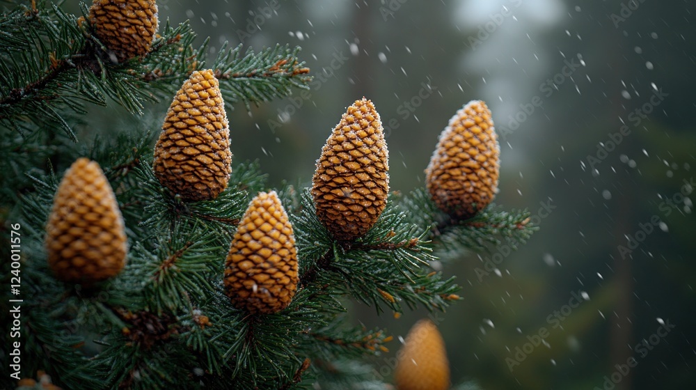 Snowy forest, pine cones, winter, branch, close-up Snowy forest, pine cones, winter, branch, close-up