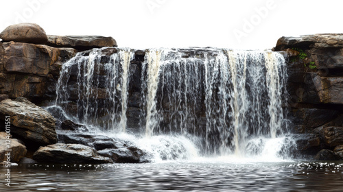 Waterfall cascading down rocks with transparent background