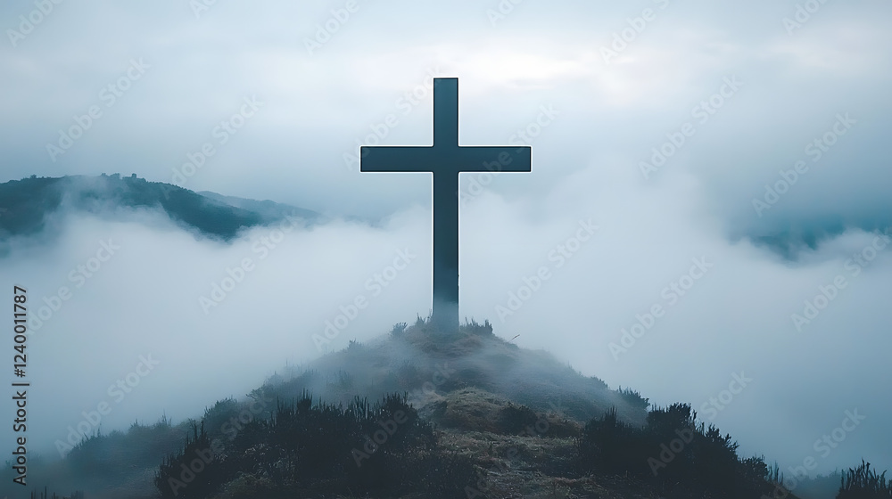 Cross on the Mountaintop: A majestic cross stands tall atop a misty mountain peak, a symbol of hope and faith in the face of adversity. Cross on the Mountaintop: A majestic cross stands tall atop a misty mountain peak, a symbol of hope and faith in the face of adversity.