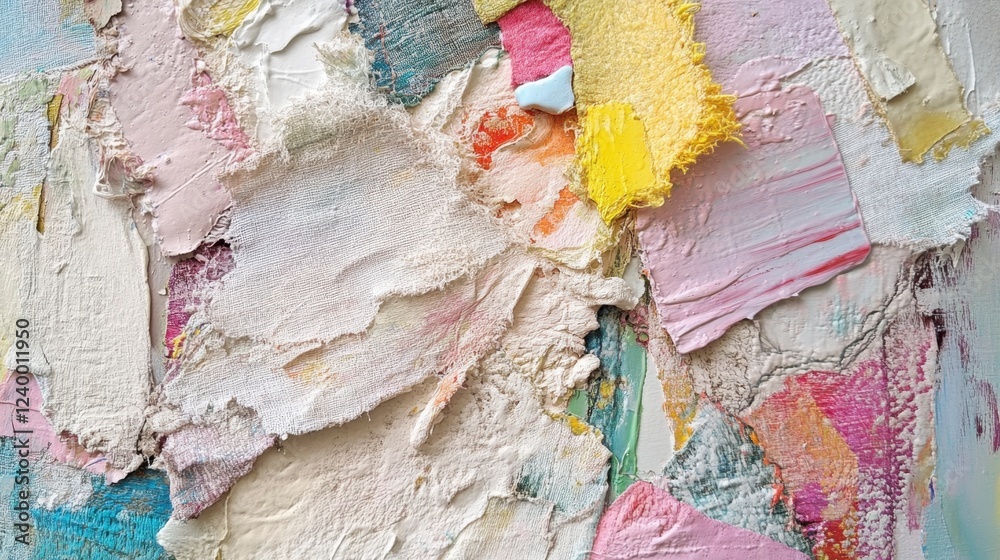 Fototapeta premium Mixed media abstract incorporating textured fabric and acrylic paint in soft pastel hues