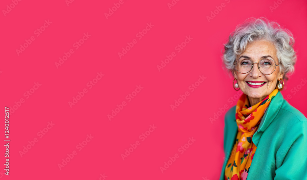 Fototapeta premium Fashionably dressed in bright clothes, gray-haired stylish grandmother smiling against bright background