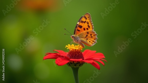 Wallpaper Mural A butterfly sitting on a red flower with its wings closed, in a lush garden environment, under natural daylight with a green blurred background. Torontodigital.ca