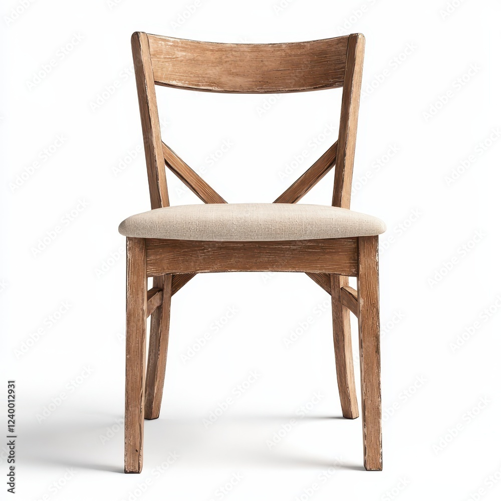 Front view of a stylish wooden chair with a cross-back design and soft upholstered seat, for modern or rustic interiors. Front view of a stylish wooden chair with a cross-back design and soft upholstered seat, for modern or rustic interiors.