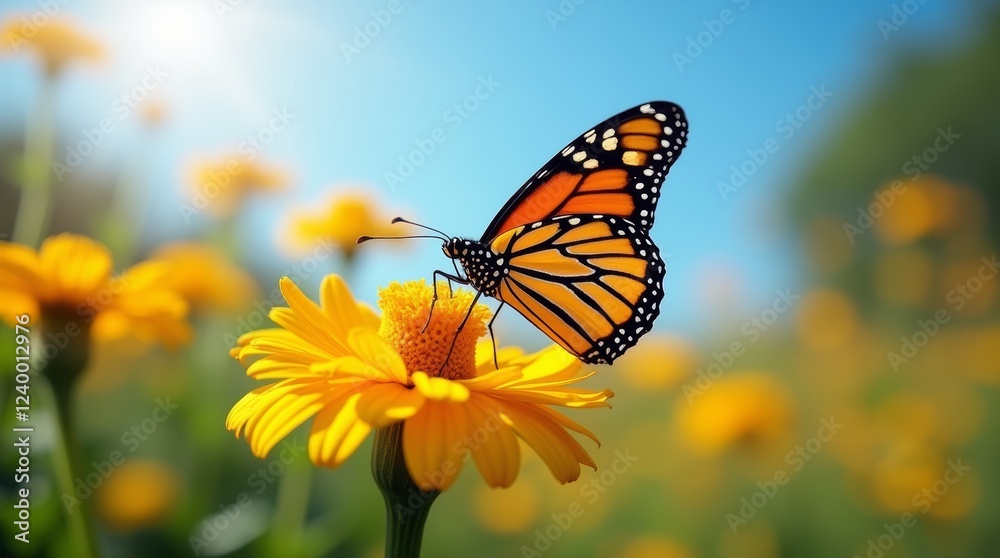 Monarch butterfly on a yellow flower in a sunny garden, with a clear blue sky, vibrant colors and natural outdoor lighting. Monarch butterfly on a yellow flower in a sunny garden, with a clear blue sky, vibrant colors and natural outdoor lighting.