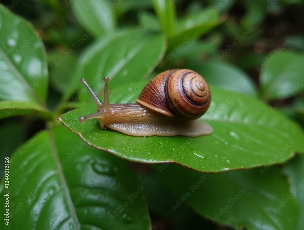 A snail resting on a wet leaf, with water droplets and its shiny shell glistening in the soft light of an overcast day, in a natural garden environment. A snail resting on a wet leaf, with water droplets and its shiny shell glistening in the soft light of an overcast day, in a natural garden environment.