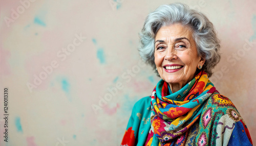 Fashionably dressed in bright clothes, gray-haired stylish grandmother smiling against bright background