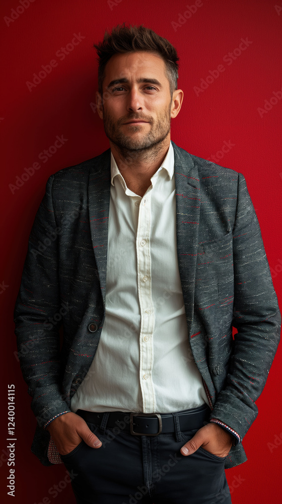 Confident director in formal attire poses against bold red background for promotional material and branding opportunities