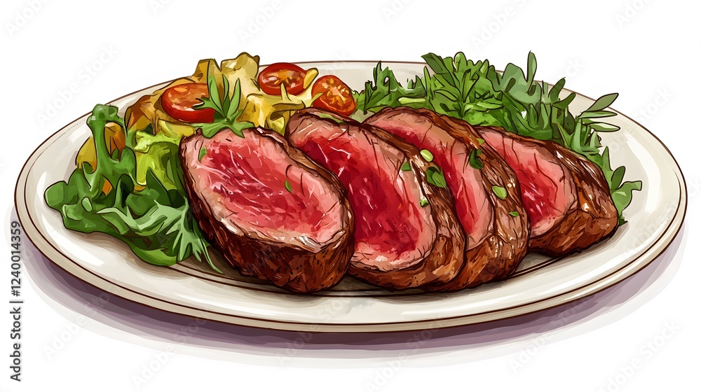 Sliced Steak Served with Salad and Potatoes Sliced Steak Served with Salad and Potatoes