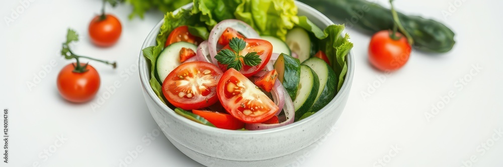 Fresh garden salad with tomatoes, cucumbers, and lettuce in a white bowl on a light background Fresh garden salad with tomatoes, cucumbers, and lettuce in a white bowl on a light background