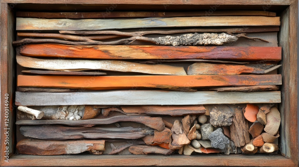 Mixed media abstract using natural elements like wood and metal integrated with bright paint Mixed media abstract using natural elements like wood and metal integrated with bright paint