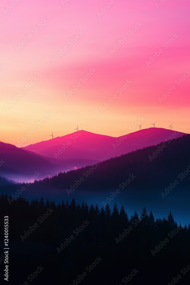Fototapeta premium Silhouetted Mountains Windmills Sunset Scenic View