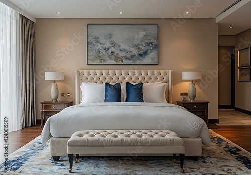 Luxury Hotel Suite Bedroom King Bed, Beige Decor, Tufted Headboard photo