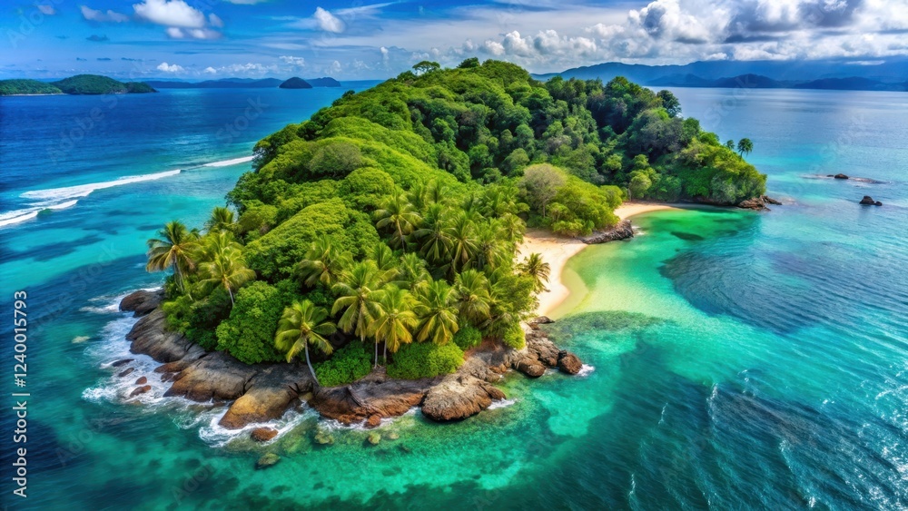 Aerial view of a secluded island with lush green forests and turquoise waters in Costa Rica, palm trees, island Aerial view of a secluded island with lush green forests and turquoise waters in Costa Rica, palm trees, island