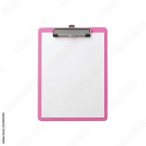 A pink clipboard with a metal clip, featuring a blank surface for writing or note-taking.