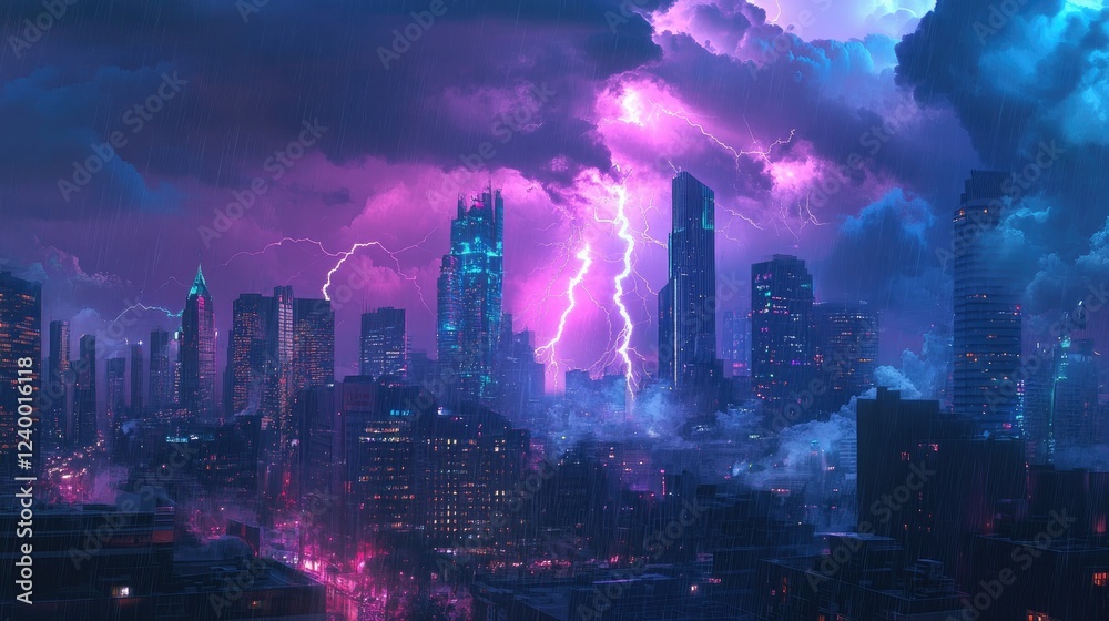 Obraz premium A thunderstorm over a city skyline, dramatic lightning bolts illuminating the rainy night sky.