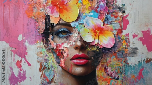 Mixed media collage incorporating fabric, paper, and vibrant splashes of paint