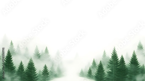 Serene fog-shrouded path winds through a mystical evergreen forest.