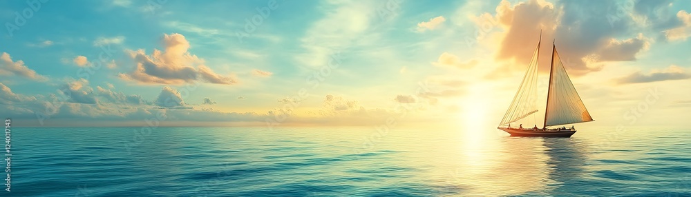 Naklejka premium Serene Sunset Sail: A sailboat glides across calm ocean waters under a breathtaking sunset sky.