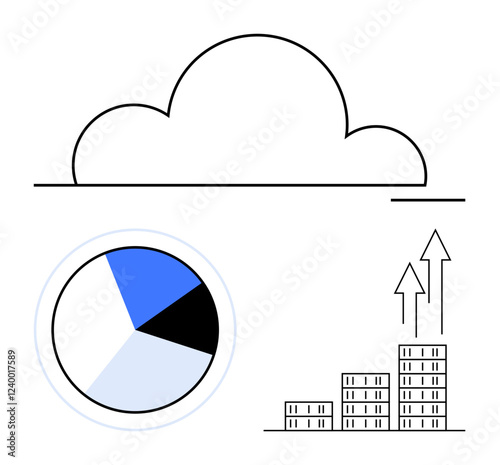 Cloud above bar graph and pie chart, symbolizing data storage, business growth, and analytics. Ideal for technology, business strategy, finance, cloud computing, development statistics and abstract