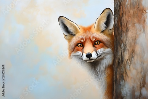 Wallpaper Mural A curious fox peeks from behind a tree, its orange fur glowing in the soft light.  Torontodigital.ca