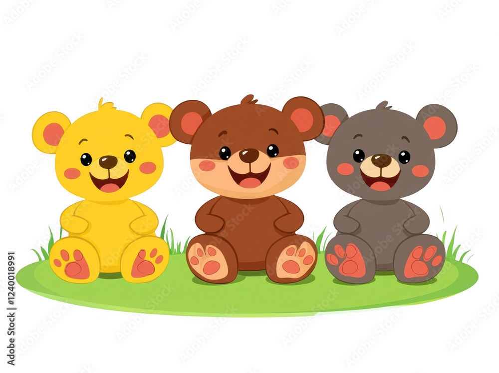 Cute smiling cartoon bears sitting on grass, showcasing joy and friendship. These adorable animals bring cheerful vibe to any setting Cute smiling cartoon bears sitting on grass, showcasing joy and friendship. These adorable animals bring cheerful vibe to any setting