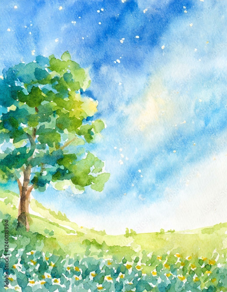 Obraz premium 癒しの木の水彩画イラスト