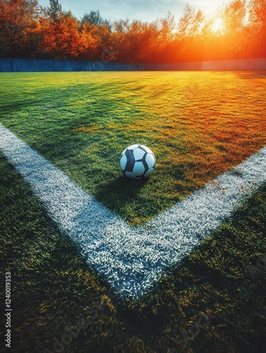 Soccer Field Corner with Ball Bright Green Grass White Lines Top View photo