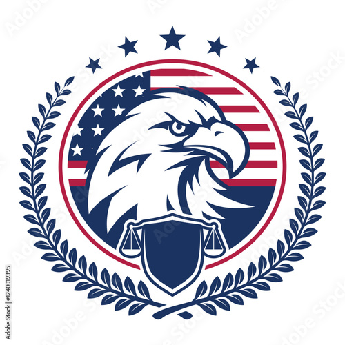 Eagle head turning against american flag and law illustrator logo design background
