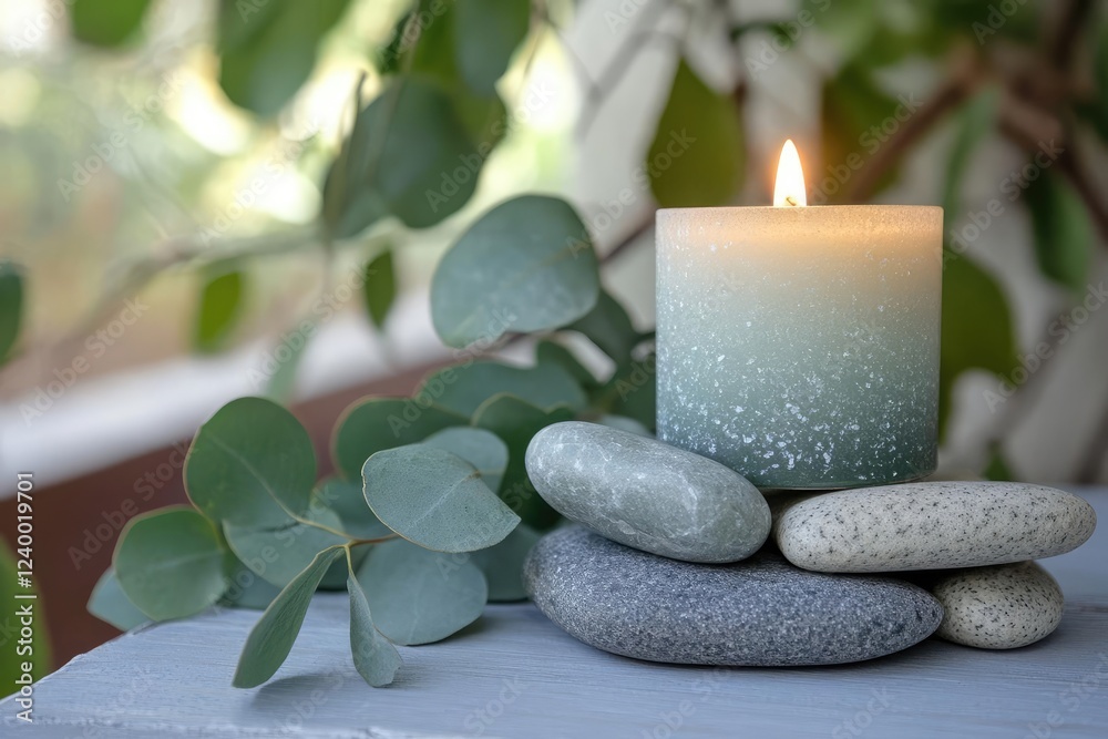 serene minimalist spa setting with sage candle river stones and eucalyptus leaves serene minimalist spa setting with sage candle river stones and eucalyptus leaves