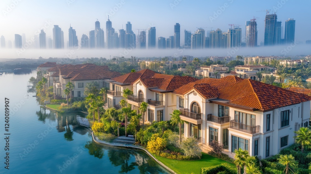 Fototapeta premium Luxury waterfront villas with city skyline in morning mist.
