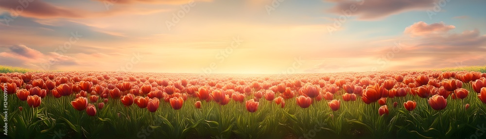 Fototapeta premium Vibrant sunset hues paint a breathtaking tulip field, a picturesque scene of nature's beauty.
