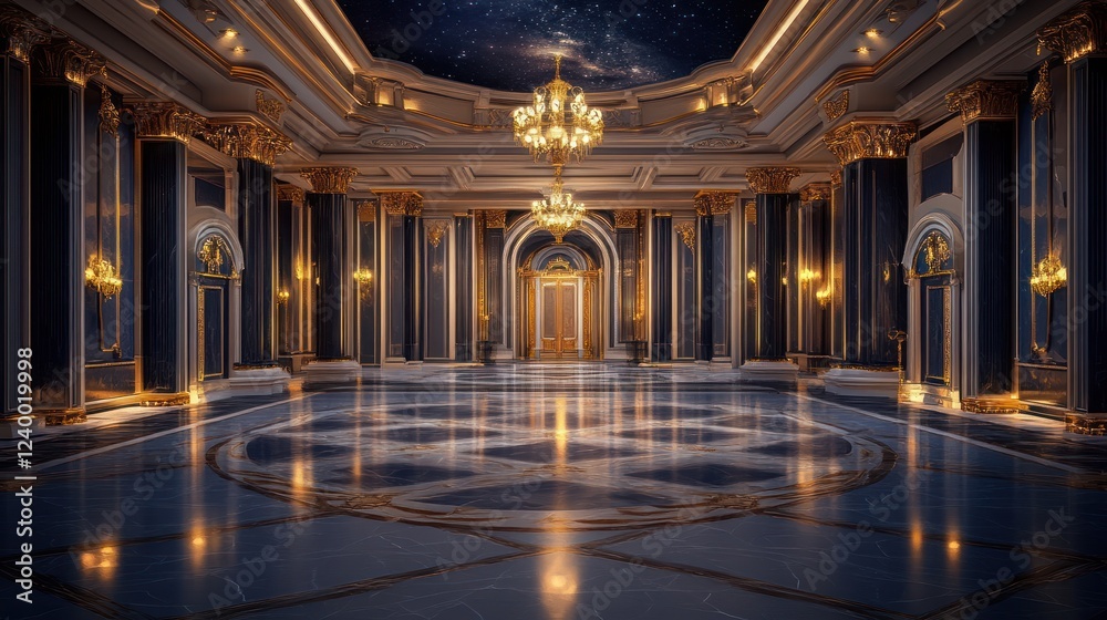 Obraz premium Grand opulent ballroom with blue and gold decor, starlit ceiling, and polished floor.