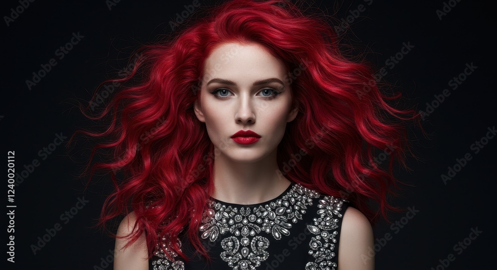Fototapeta premium Striking Portrait of Woman with Vibrant Red Hair and Elegant Attire on Black Background - Perfect for Fashion and Beauty Concepts
