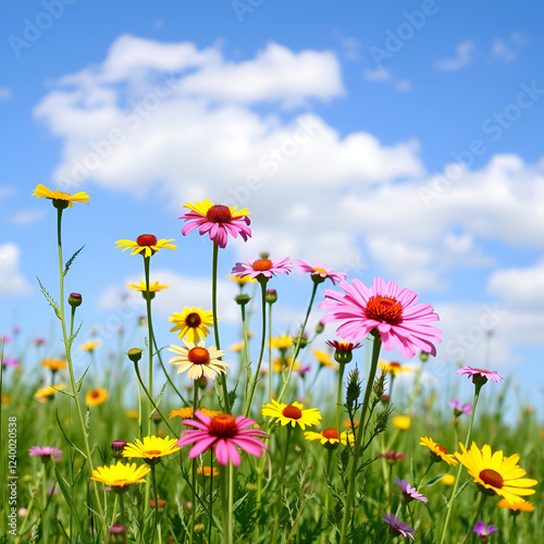 Vibrant wildflowers of various colors, including yellow, pink, and purple, bloom abundantly in a lush green meadow under a serene blue sky with white clouds. photo