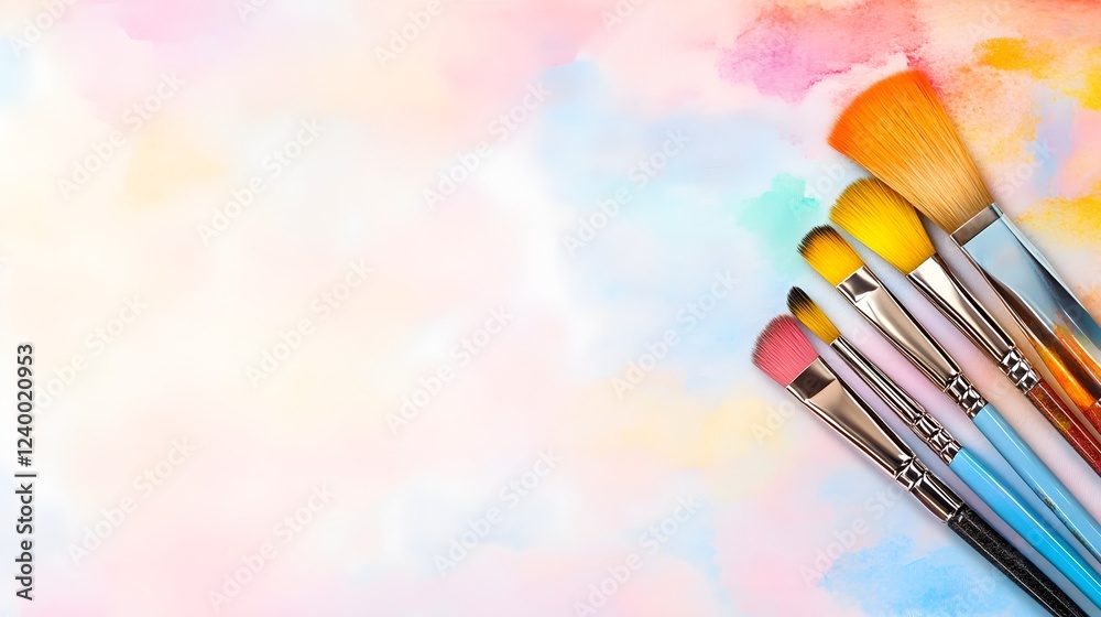 Vibrant watercolor brushes on a pastel background, ready to paint!