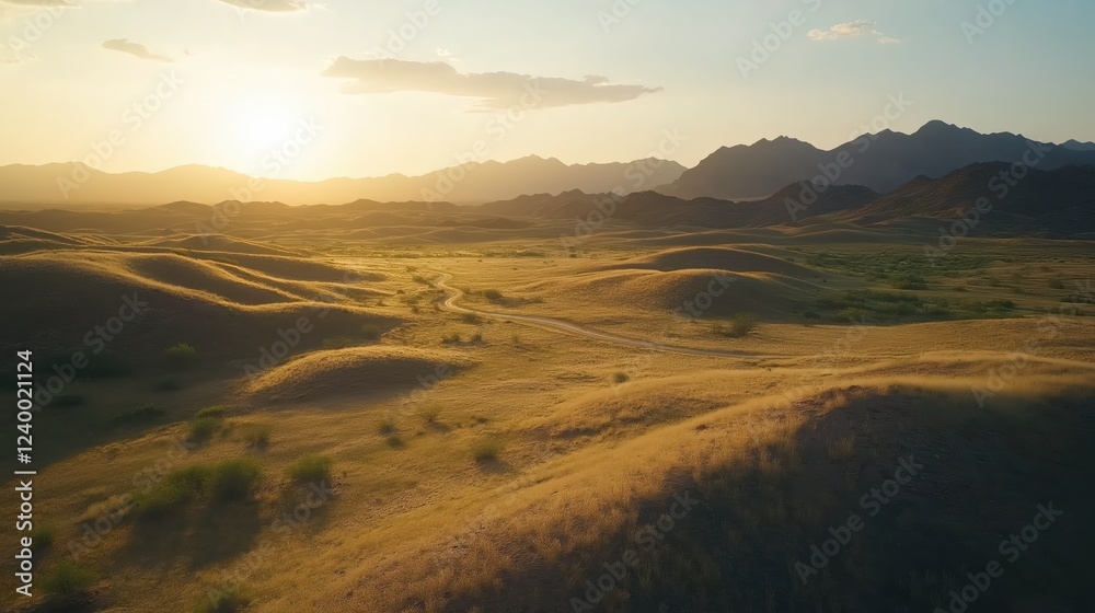 Golden Desert Sunset Landscape Undulating Hills and Sparse Vegetation Golden Desert Sunset Landscape Undulating Hills and Sparse Vegetation