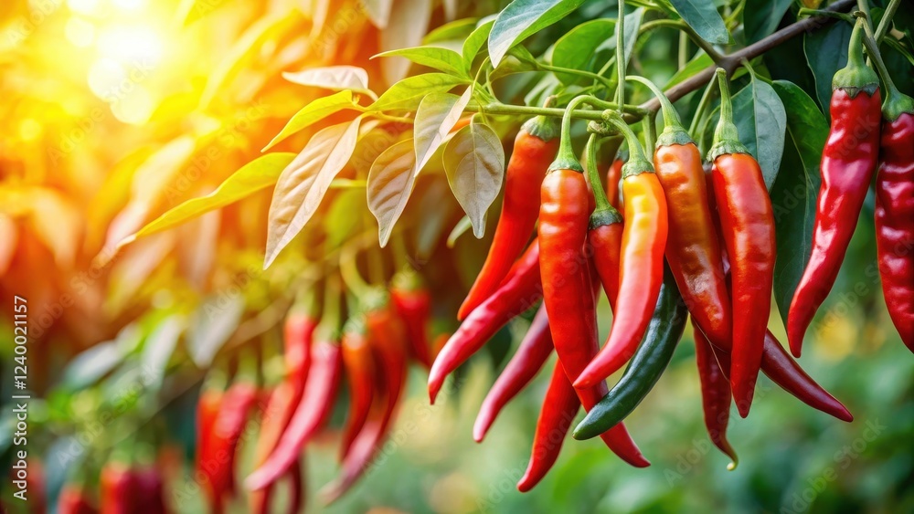Colorful close-up image of ripe red spicy chili peppers hanging from a plant stem in a lush green garden setting with sunlight filtering through leaves, plant, chilies Colorful close-up image of ripe red spicy chili peppers hanging from a plant stem in a lush green garden setting with sunlight filtering through leaves, plant, chilies