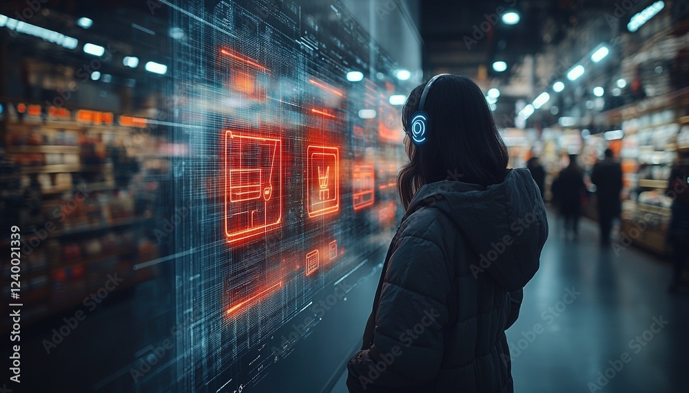 Woman using interactive digital screen in futuristic store with shoppers Woman using interactive digital screen in futuristic store with shoppers