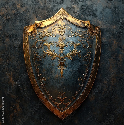 Medieval Heraldic Shield Design with Intricate Engravings and Polished Metallic Finish