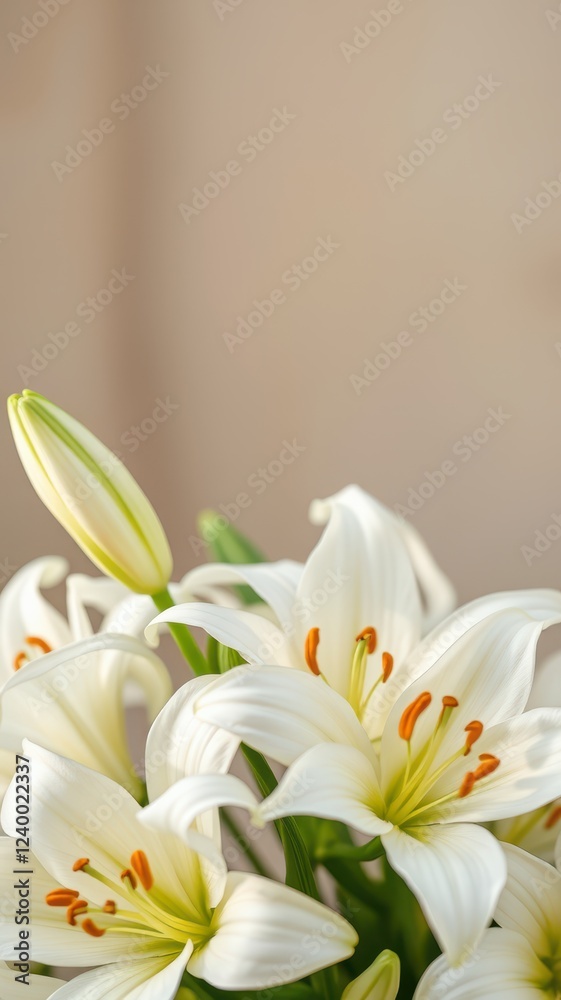 White lilies bloom against a soft beige background White lilies bloom against a soft beige background