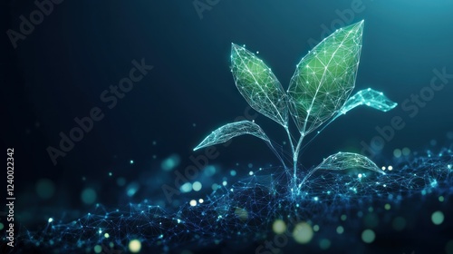 Growing plant, digital art, dark background, sustainability concept
