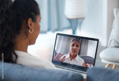 Video call, laptop screen and psychology with women and doctor for telehealth, online counseling and help line. Depression, advice and consulting with people for healthcare, trauma and virtual chat photo