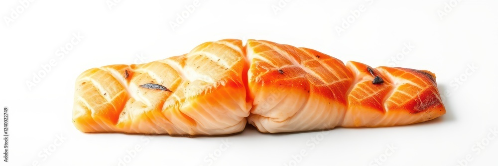 A piece of grilled salmon, with skin still attached, is presented on a white background A piece of grilled salmon, with skin still attached, is presented on a white background