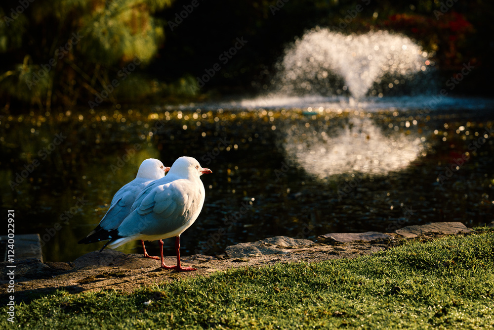 Obraz premium Seagulls by the Fountain in a Melbourne Park