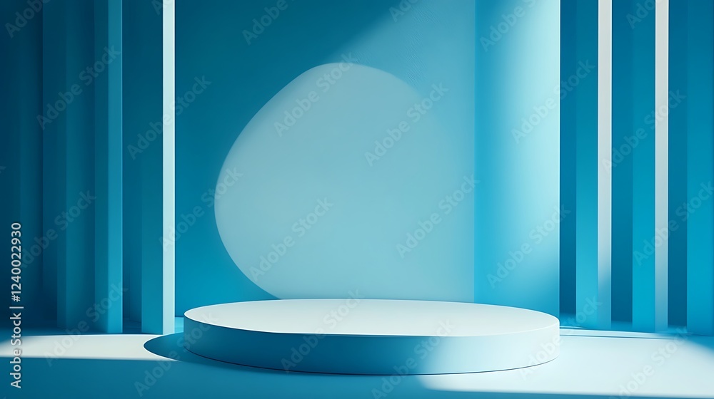 Minimalist blue cylindrical podium with light and shadow. Minimalist blue cylindrical podium with light and shadow.
