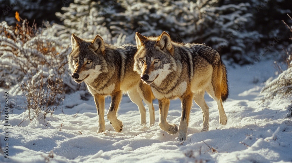 Triple pack of wolf pups with mother in snowy landscape. Triple pack of wolf pups with mother in snowy landscape.