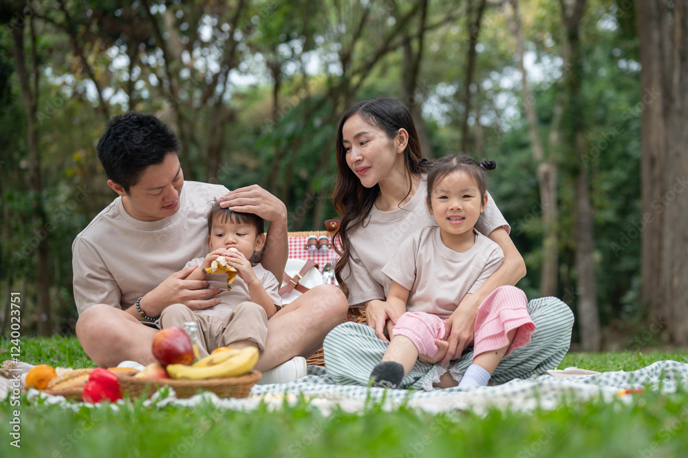 A happy Asian family sits on a picnic blanket in a green park, enjoying their weekend together. A happy Asian family sits on a picnic blanket in a green park, enjoying their weekend together.