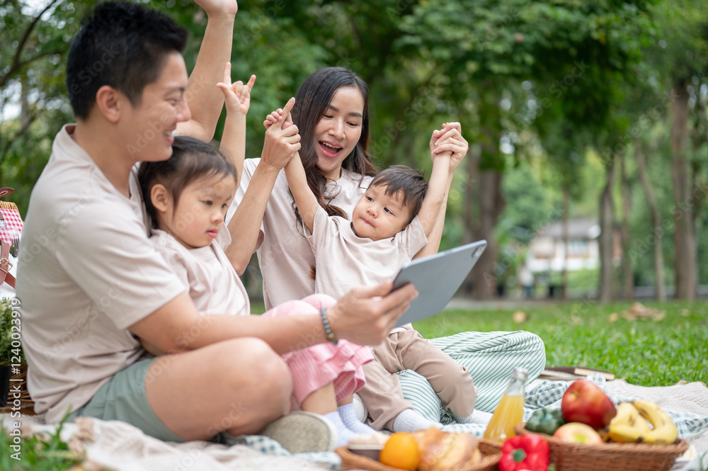 Cheerful Asian parents enjoy a picnic in a park with their little kids, sitting on a blanket. Cheerful Asian parents enjoy a picnic in a park with their little kids, sitting on a blanket.