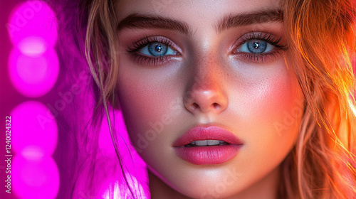 A shirtless girl with dramatic lighting in anime style, exuding a futuristic, sexy cyborg cosplay vibe against a cyberpunk synthwave background. Modern, blurred, and empty space for captions.

