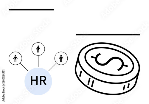 HR circle connected to figures representing people, alongside a dollar coin. Ideal for human resources, team management, finance, investment, business growth, organizational development